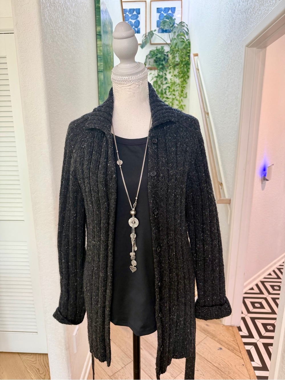 J. Crew Black Ribbed Button-Front Long Cardigan Size Medium Wool Blend